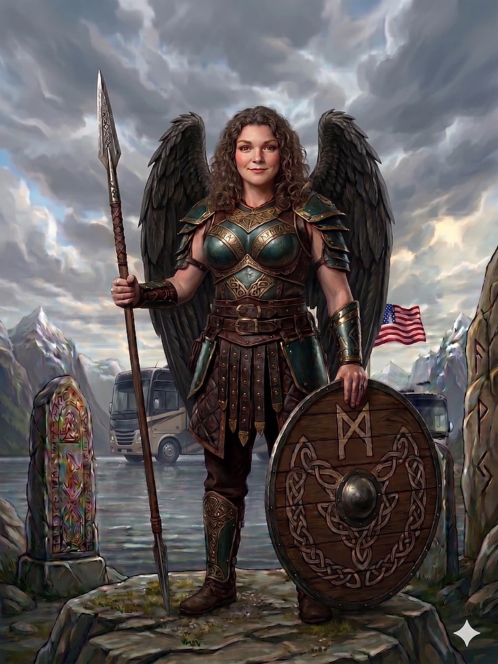 Viking-style portrait of Becky as a Valkyrie with a shield and spear.