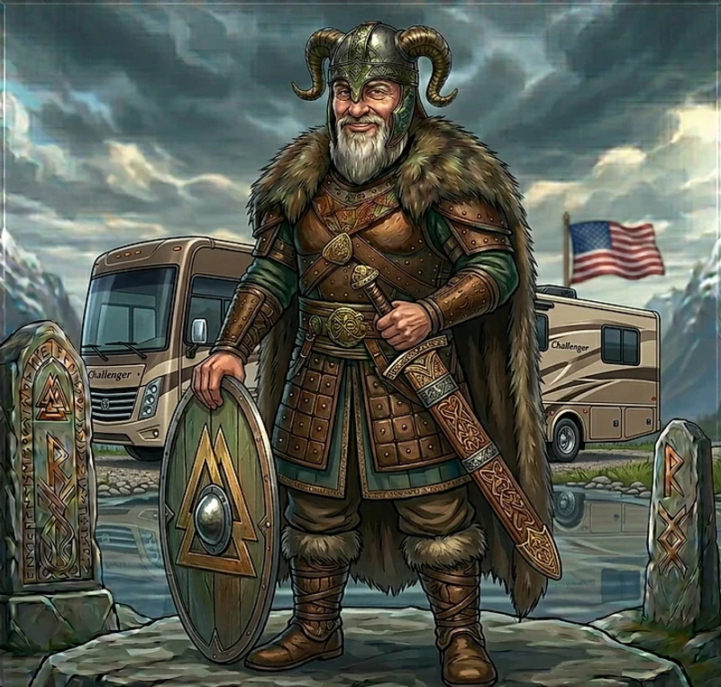 Viking-style portrait of Mr. Chris with a shield and motorhome.