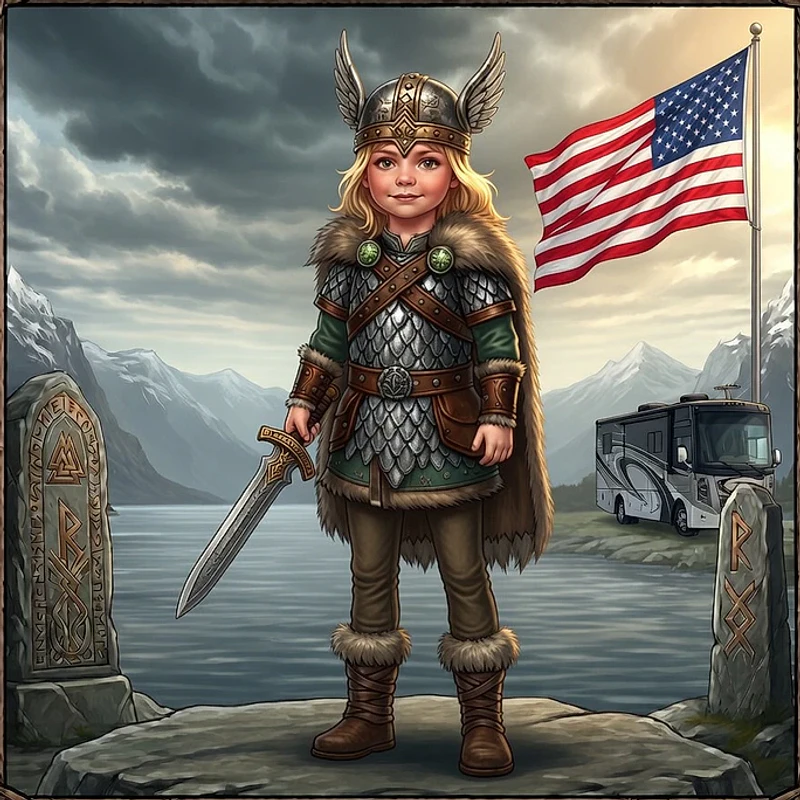 Viking-style portrait of Raven as a young shieldmaiden.