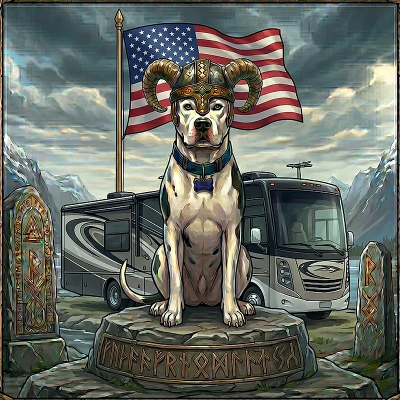 Viking-style portrait of Titan the dog wearing a horned helmet.
