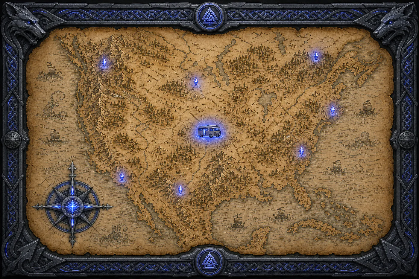 Illustrated old-world map of the United States used as a visual state selector; it does not show the crew’s live location.