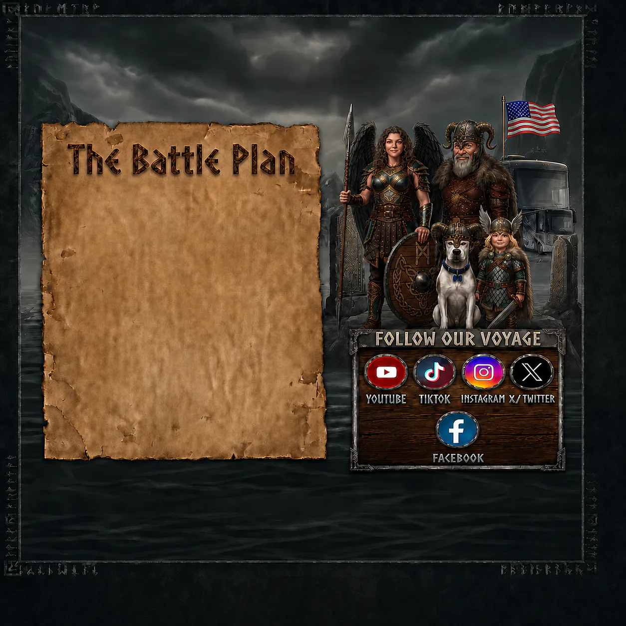 Viking Voyage campaign-board artwork with the family crew, a motorhome, and five Follow Our Voyage buttons for YouTube, TikTok, Instagram, X, and Facebook.
