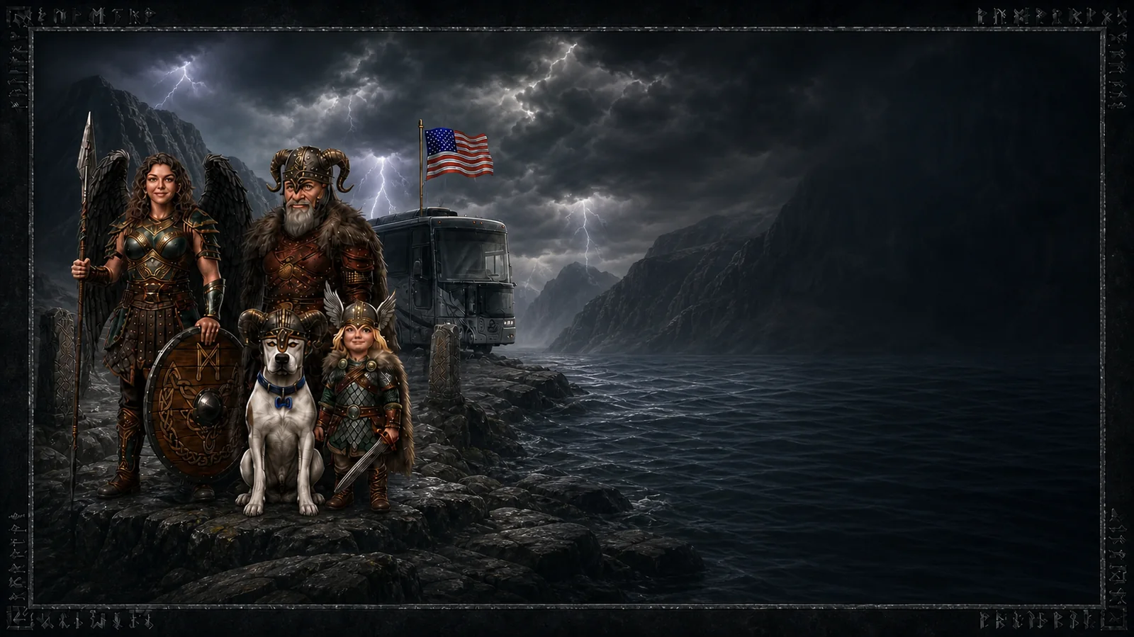 Mr. Chris, Becky, Raven, Titan, and their motorhome beside stormy mountain waters under an American flag.